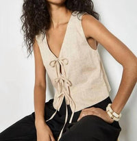 Apricot - Tie Front Linen Blend Vest