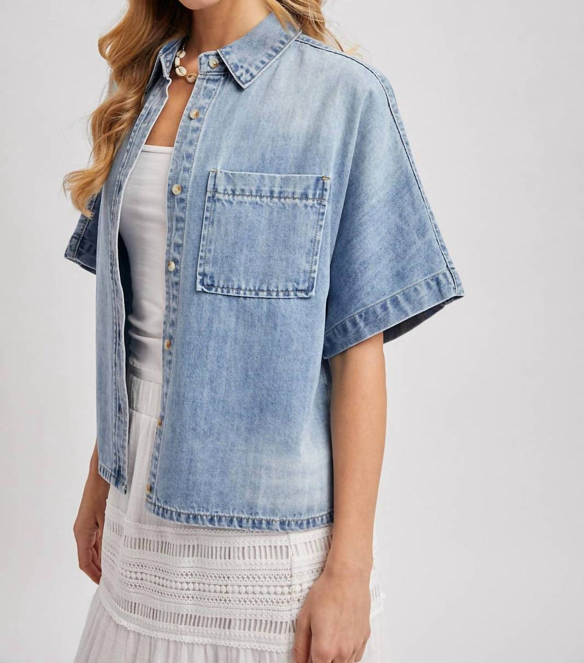 Bluivy - Women's Denim Button Down Short Sleeve Boxy Shirt