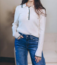 In February Quietly Elegant Sweater Polo in cream - women's long sleeve top