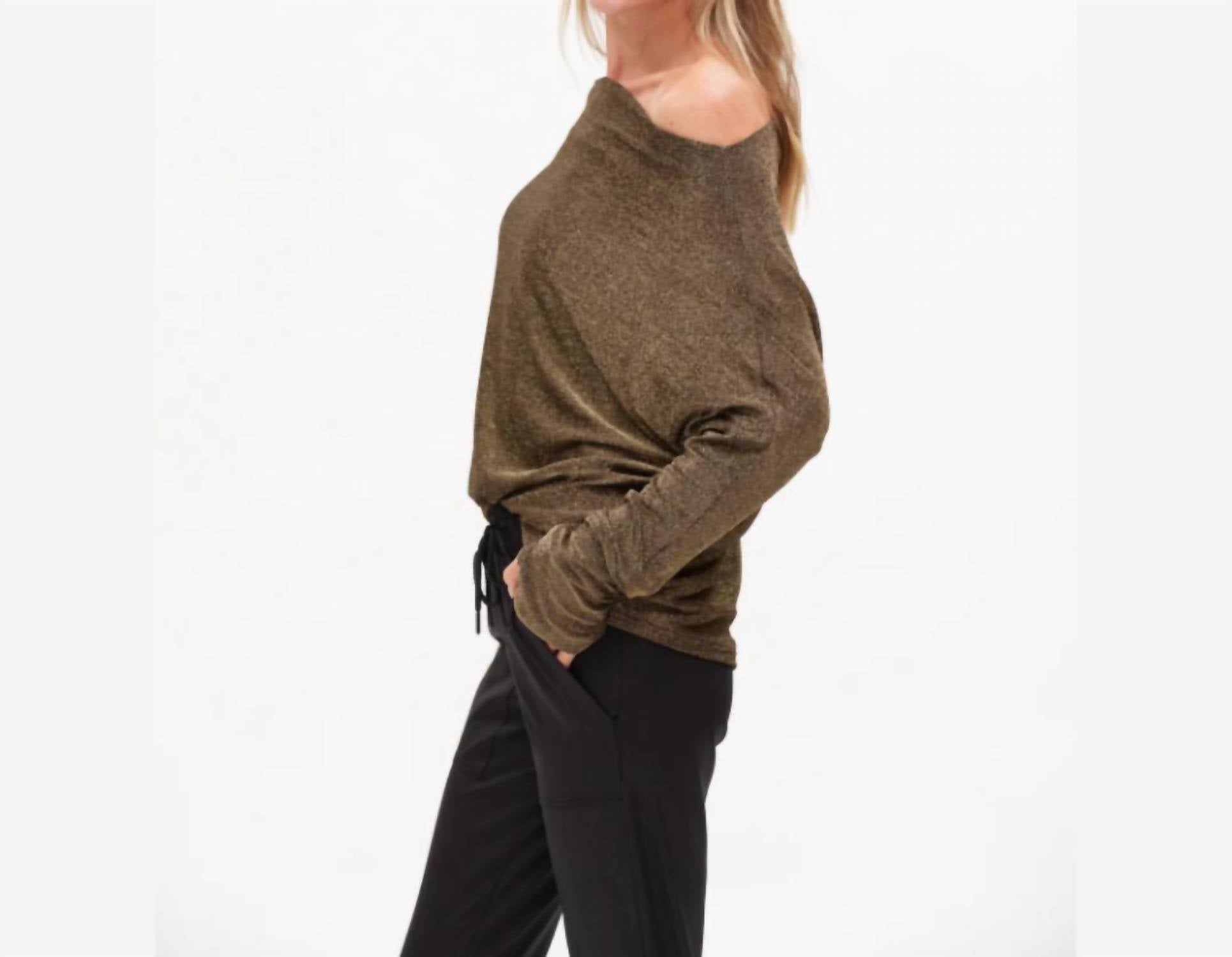 SIX/FIFTY Anywhere Off Shoulder Top in gold lurex - women's sweater - detail view