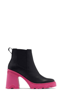 SOREL Women's Brex Waterproof Platform Block Heel Chelsea Boot in black cactus pink - women's shoe - detail view