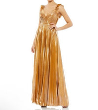 MAC DUGGAL Ieena Pleated Ruffled Sleeveless Gown in gold - women's dress