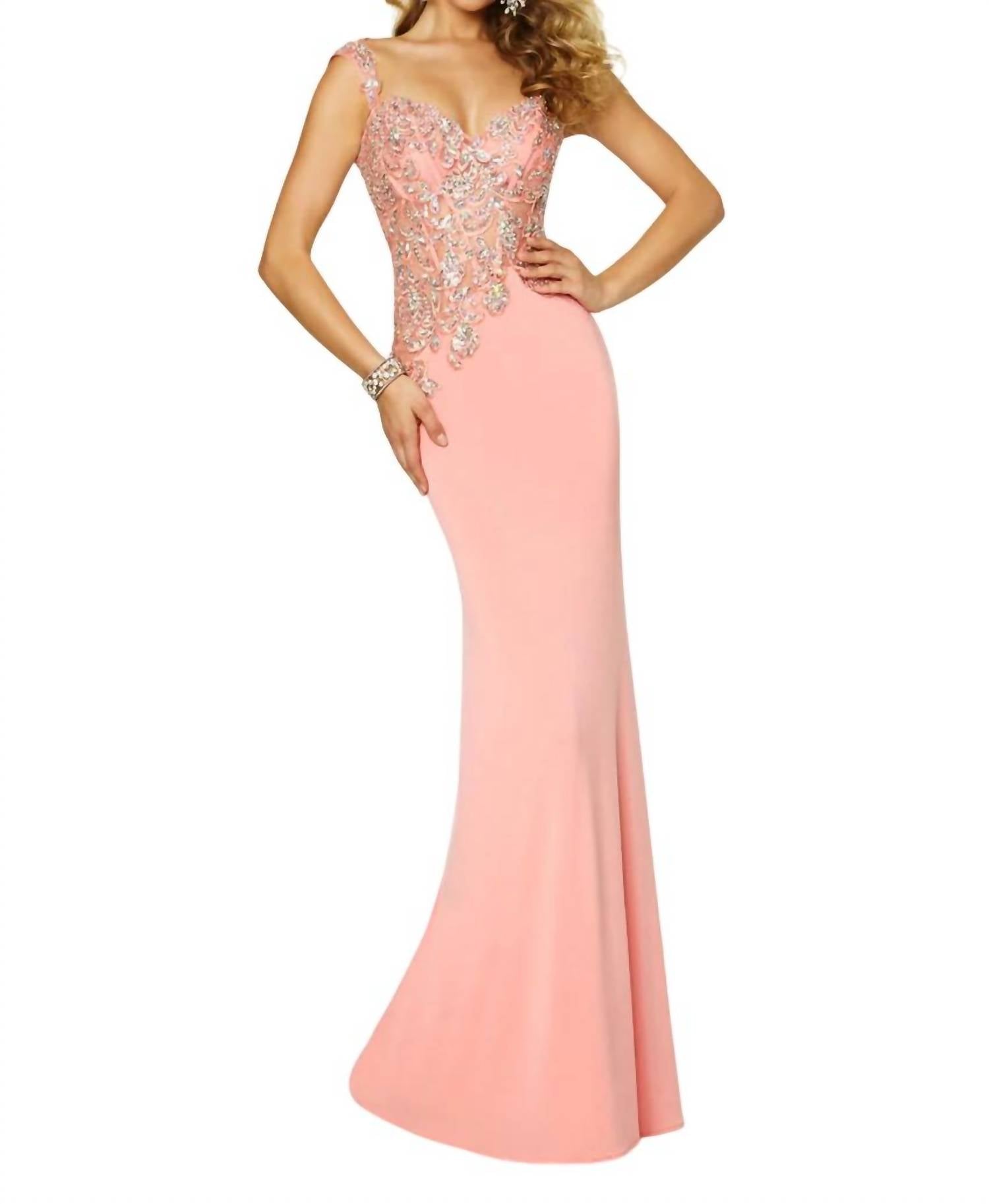 Paparazzi By Mori Lee - Beaded Appliques Jersey Evening Dress