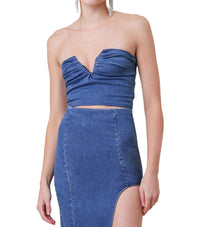 Line And Dot - Joey Denim Top With Ruched Front Detail