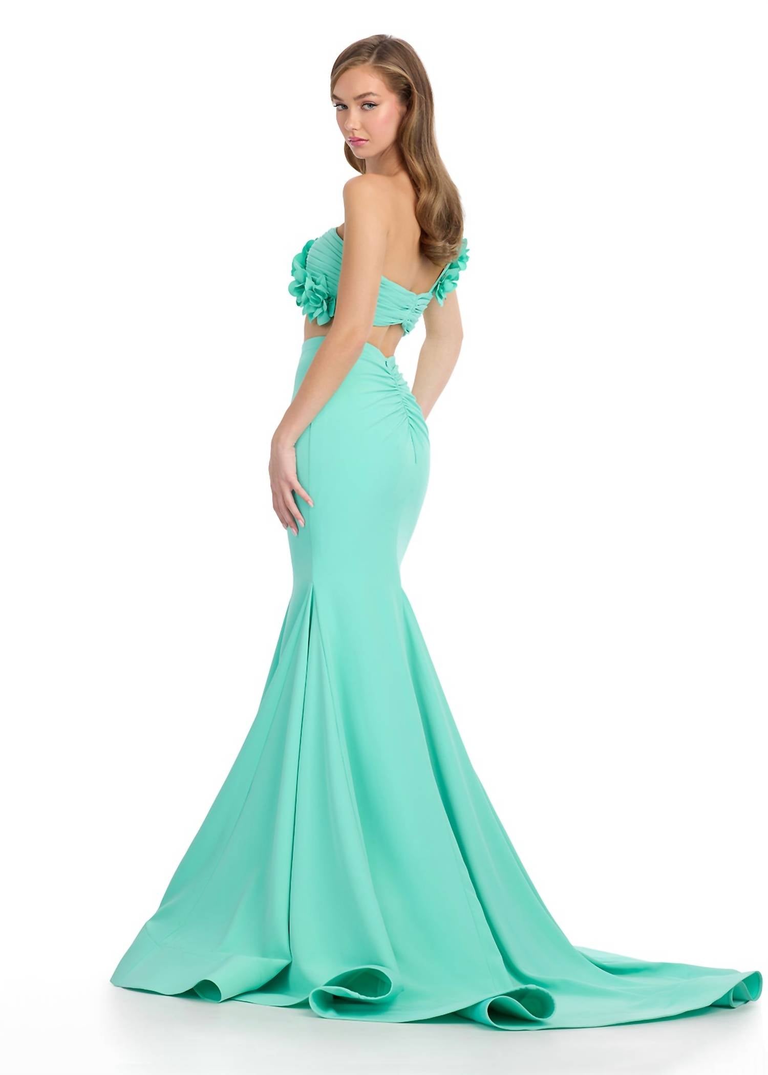 ASHLEYlauren One-shoulder Jersey Two-piece Gown in aqua - women's dress - alternate view