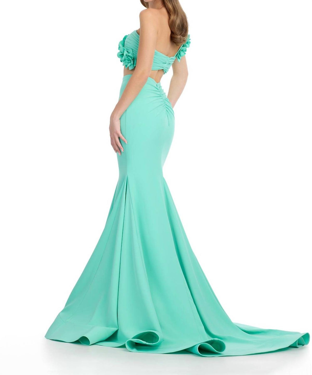 ASHLEYlauren One-shoulder Jersey Two-piece Gown in aqua - women's dress - detail view