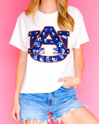 Queen Of Sparkles - Licensed Auburn Mascot Sequin Flower Tee