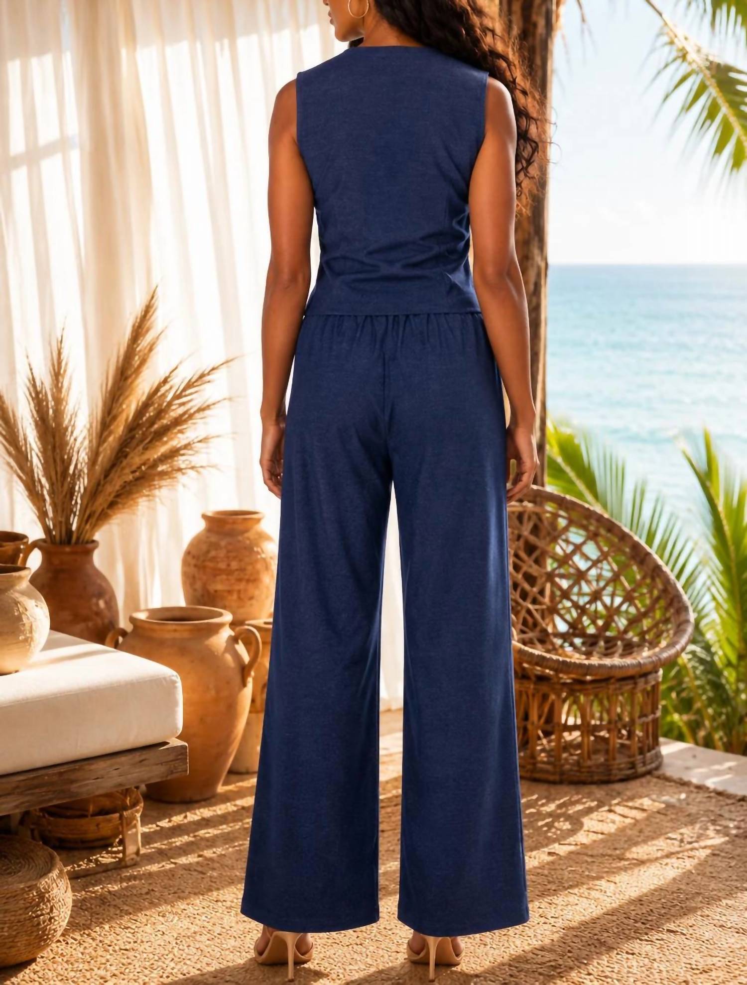 Surelymine - Sienna Floral Brocade Vest & Wide-Leg Pants Set