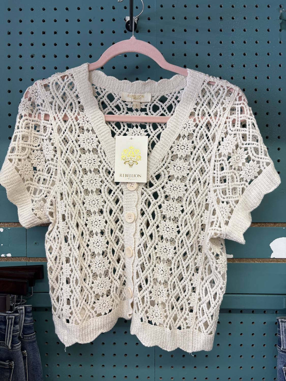 Rebellion Again - Women's Crocheted button-down short sleeve crop top