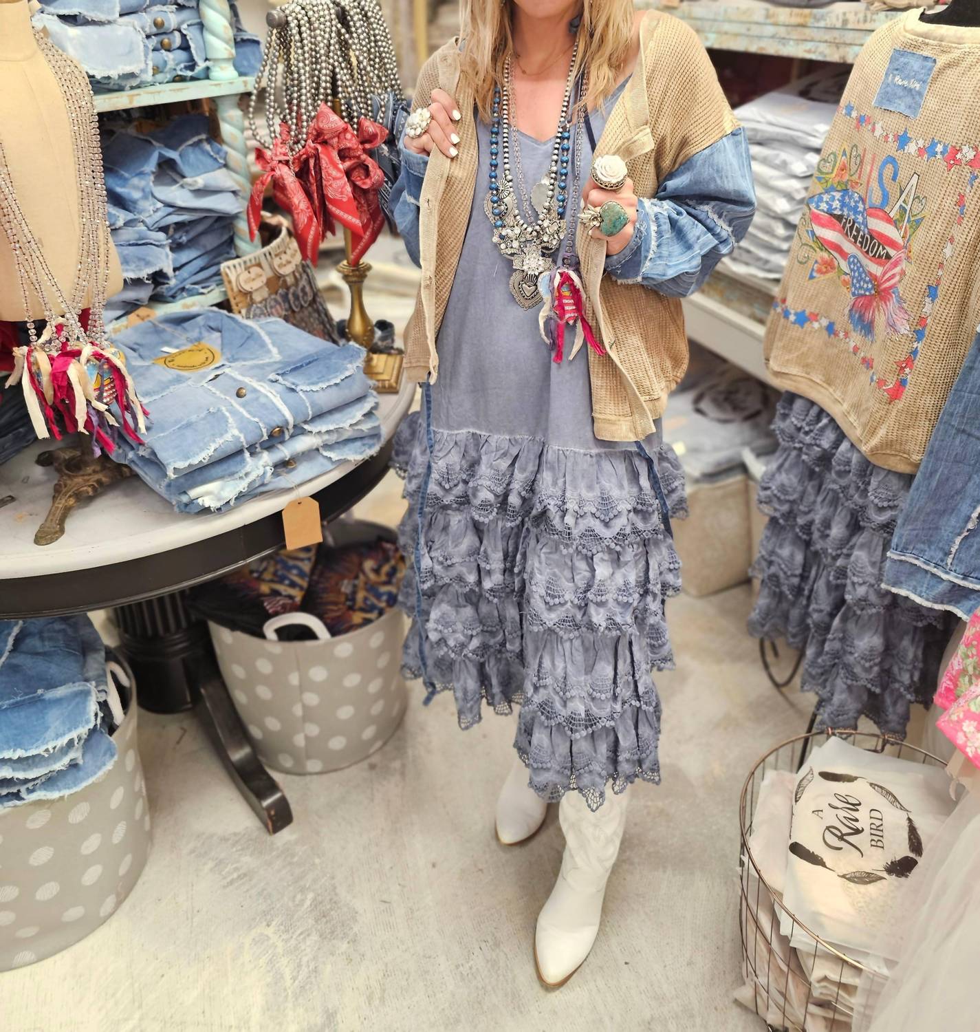 A Rare Bird - Women's Denim Distressed Ruffle Slip Dress