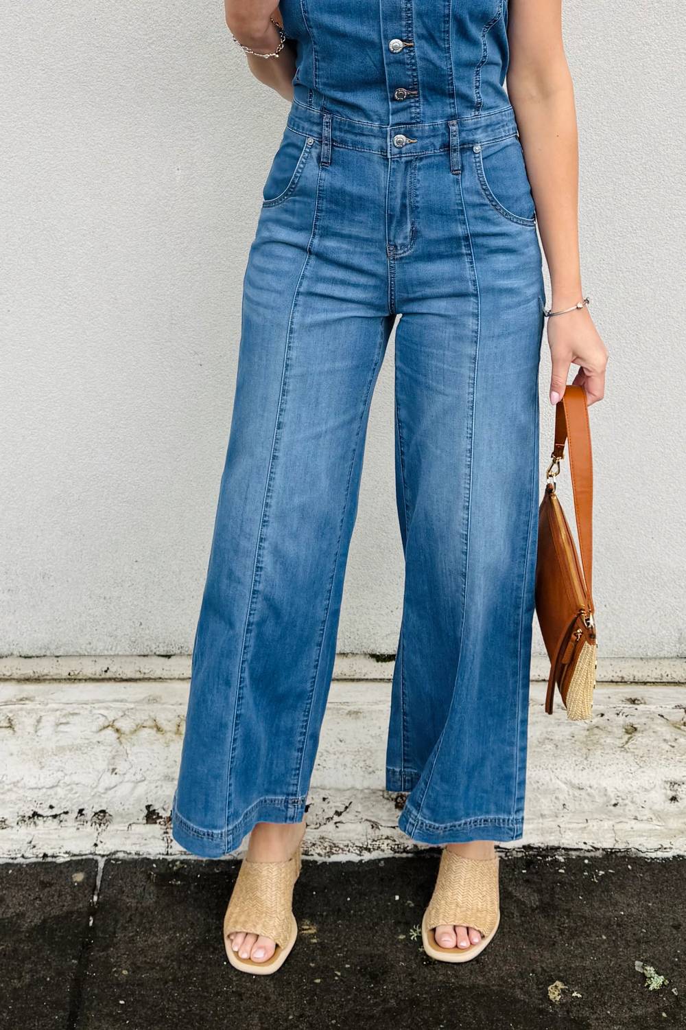 Tribal - Adjustable Shoulder Straps Wide-leg Jumpsuit