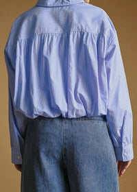 Miou Muse - Bubble Hem Button Down Striped Top