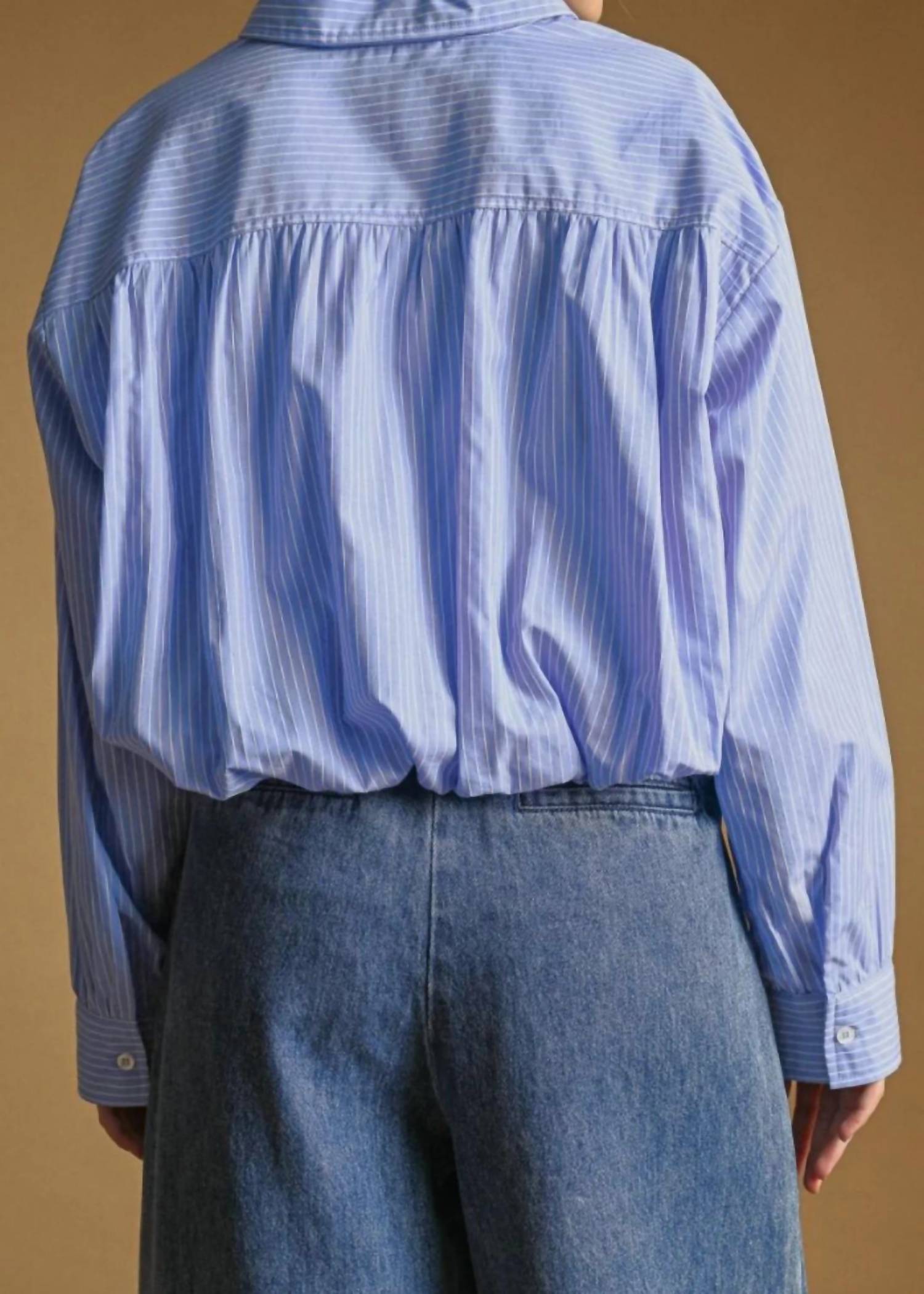 Miou Muse - Bubble Hem Button Down Striped Top