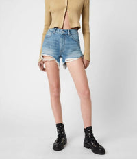 AllSaints Remi Cut Off Fray Hem Distressed Shorts in blue - women's shorts