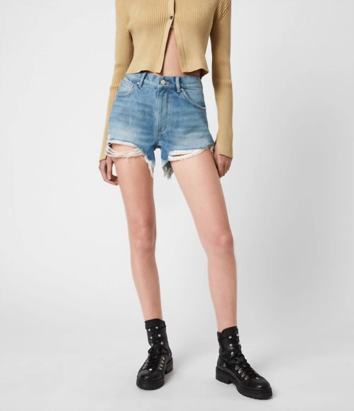 AllSaints Remi Cut Off Fray Hem Distressed Shorts in blue - women's shorts