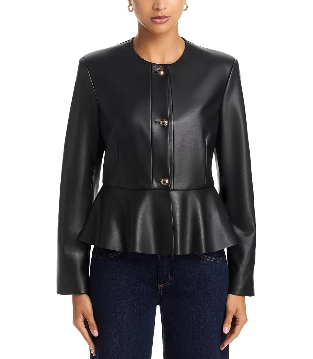 SIX/FIFTY Viv Faux Leather Peplum Jacket in black - women's jacket - detail view