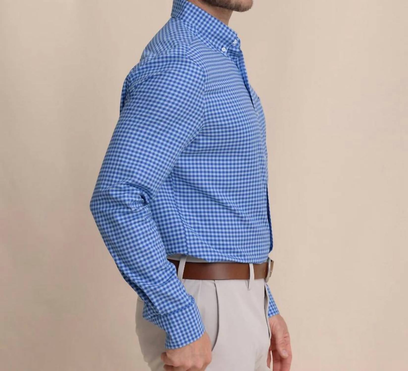 SOUTHERN TIDE Silver Lake Plaid Skipjack Sport Shirt in surf blue - men's shirt - detail view