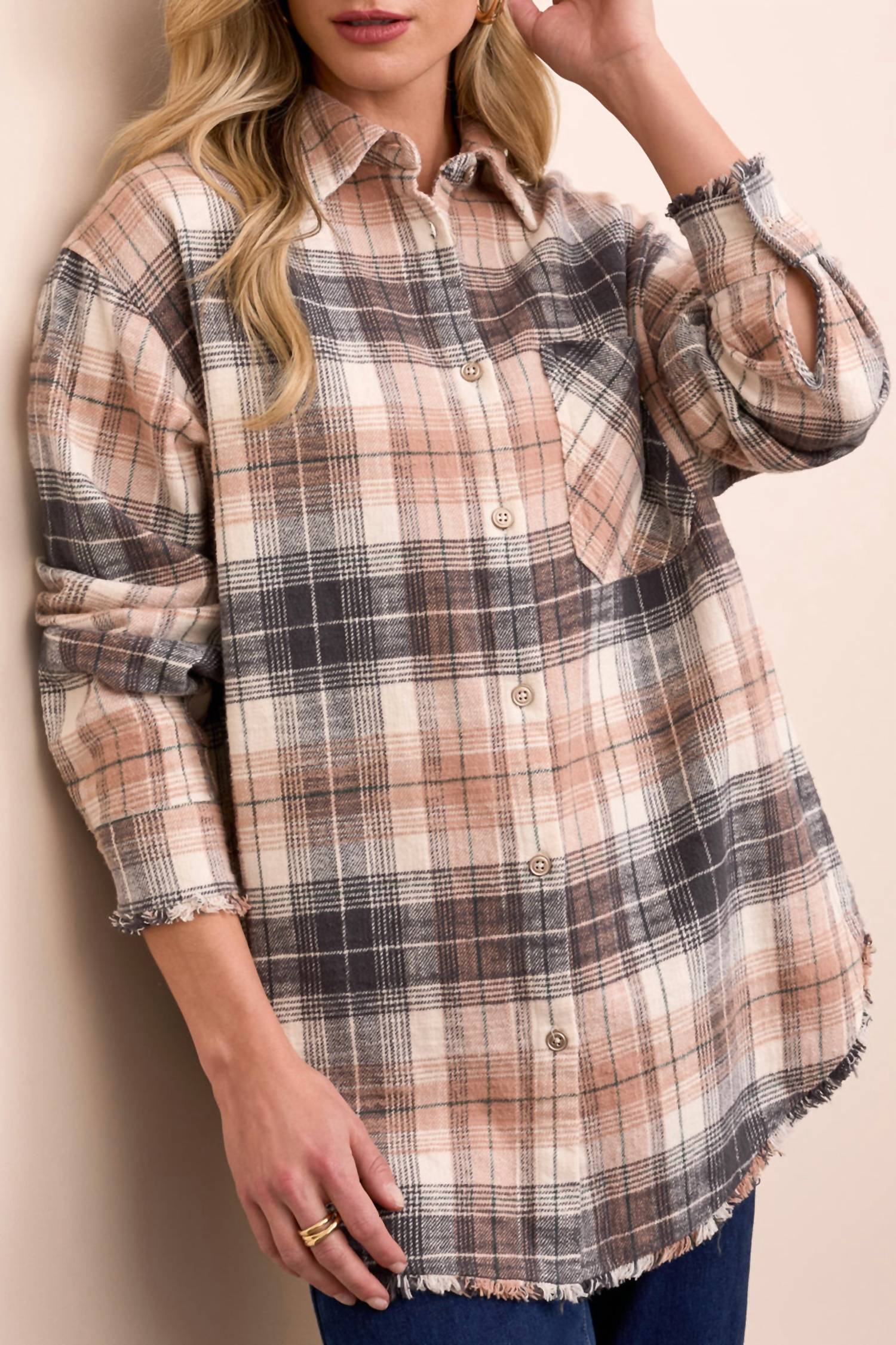 TRIBAL Plaid With Fringe Hem Shirt in nordicstone - women's long sleeve top - alternate view