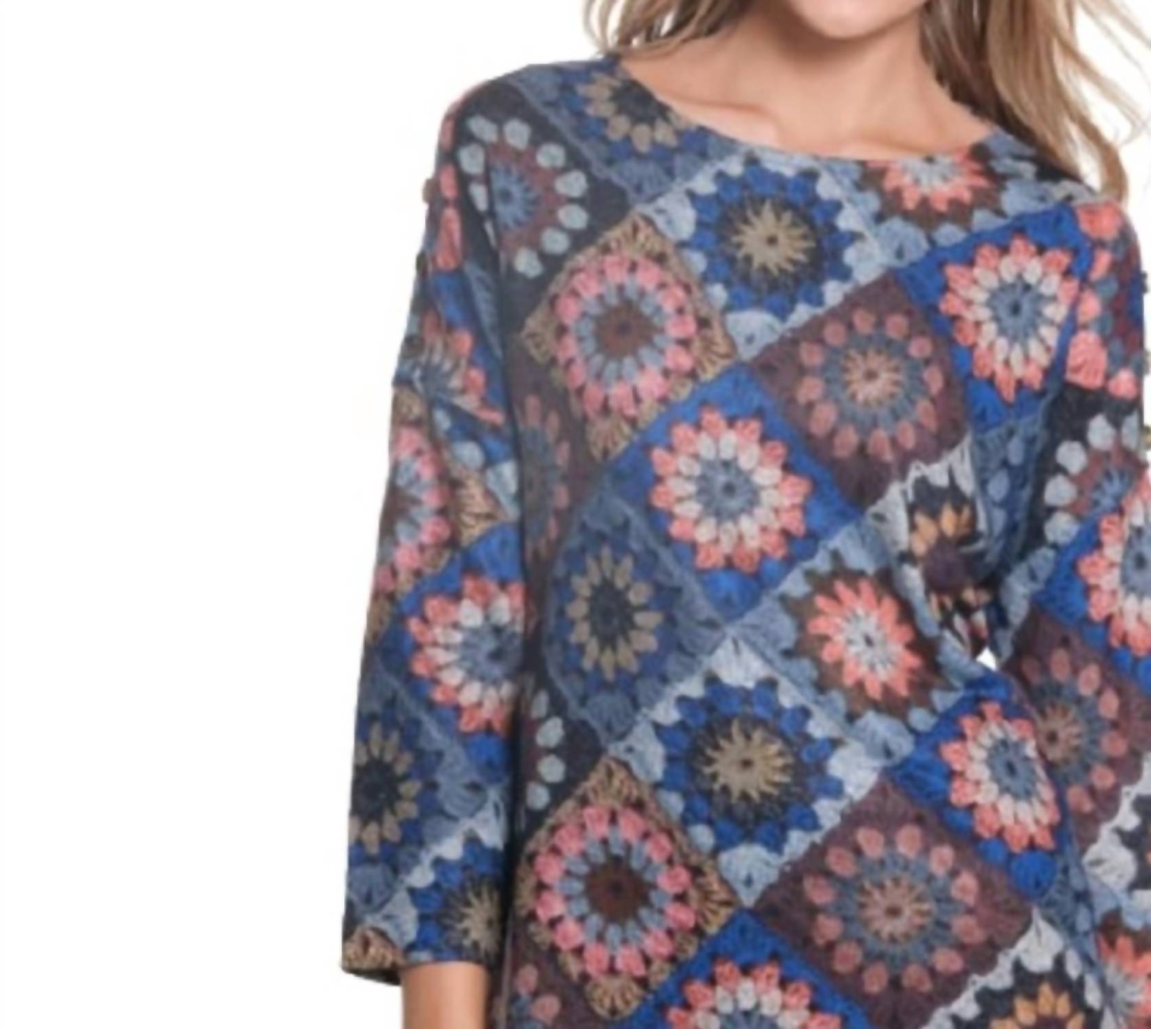 Multiples 3/4 sleeve sweater tunic in blue multi - women's sweater - detail view