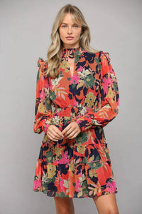 Fate - Floral Print Front Keyhole Tiered Mini Dress