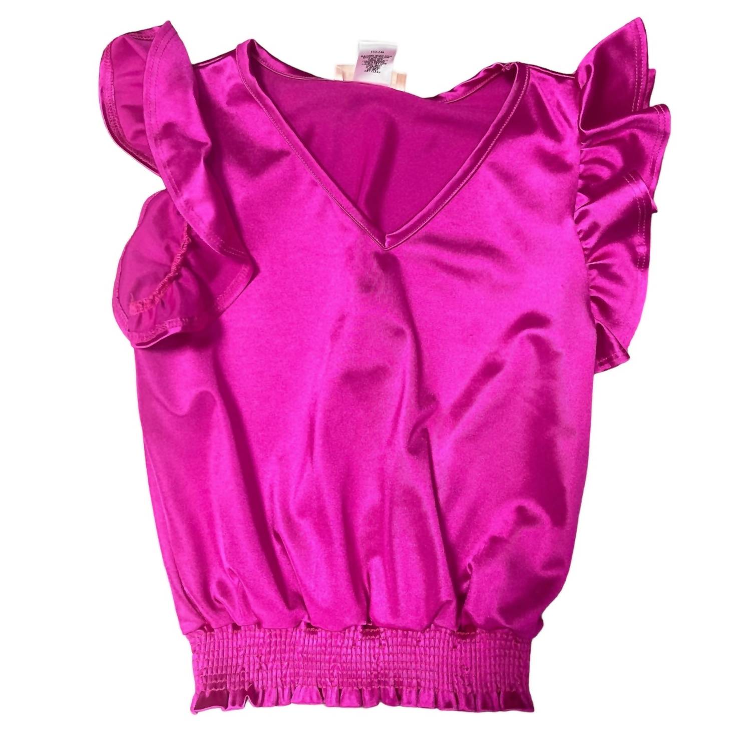 Stoopher & Boots - Smocked Hem Satin Top with Flutter Sleeve