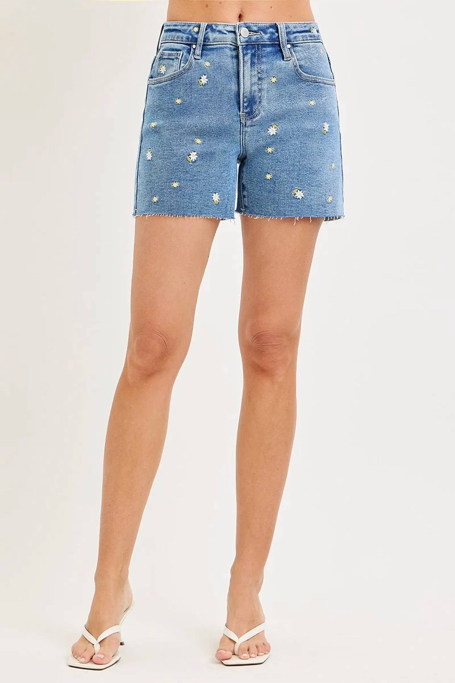 Risen - Floral Embroidered Denim Shorts
