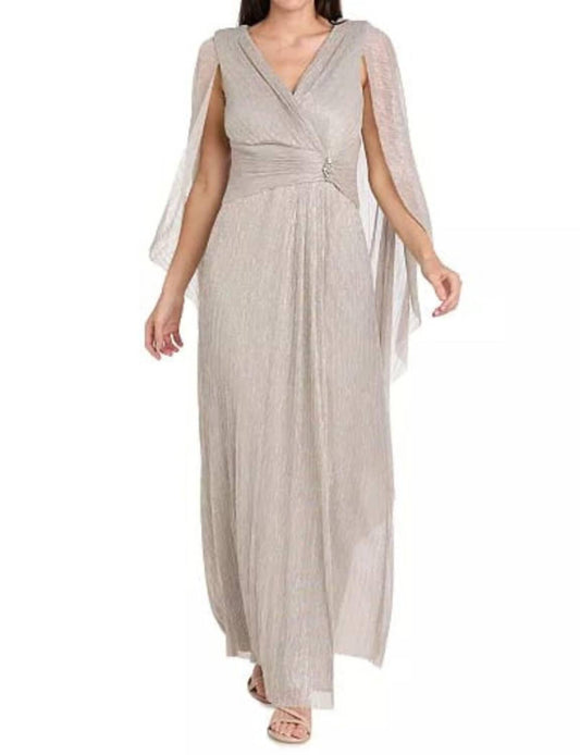 R&M Richards - Metallic Chiffon Long Dress With Sheer Cape