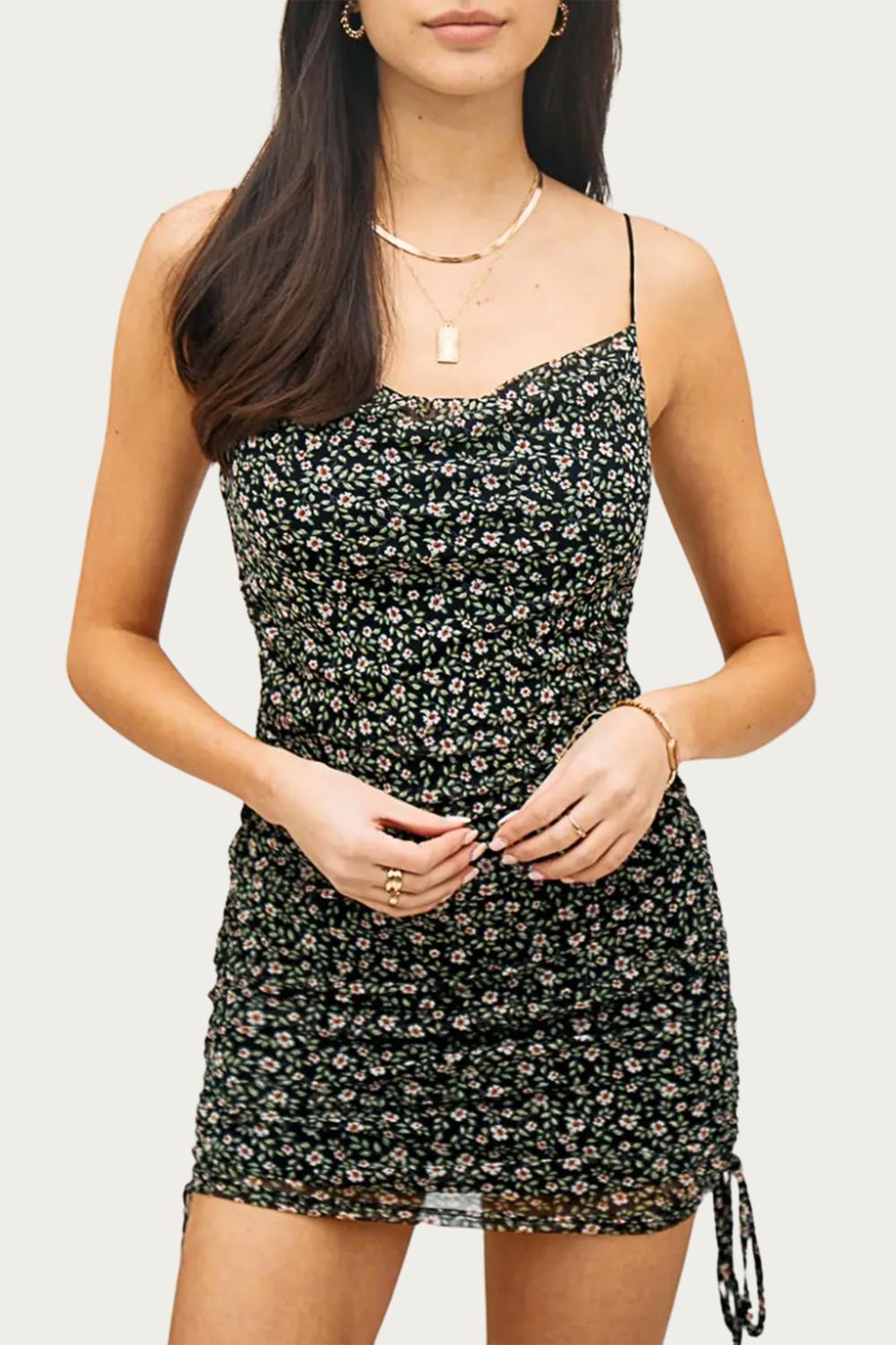 RUCHED FLORAL MINI DRESS