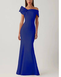 Teri Jon - Metallic Asymmetric Neck Bow Shoulder Gown