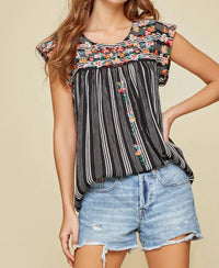 Andree By Unit - Flutter Sleeve Striped And Embroidered Top