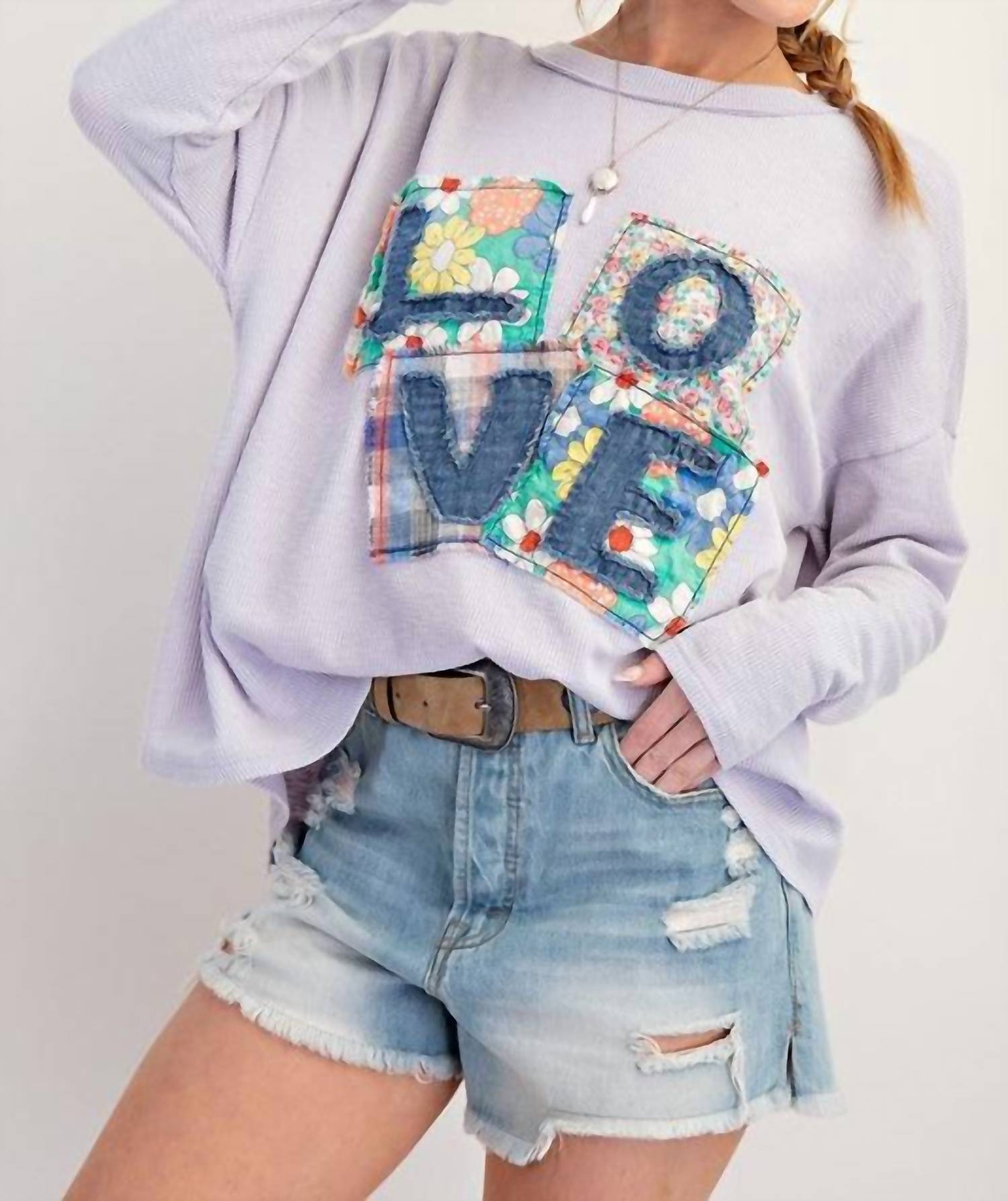 Easel - Love Patch Rib Knit Mineral Washed Top