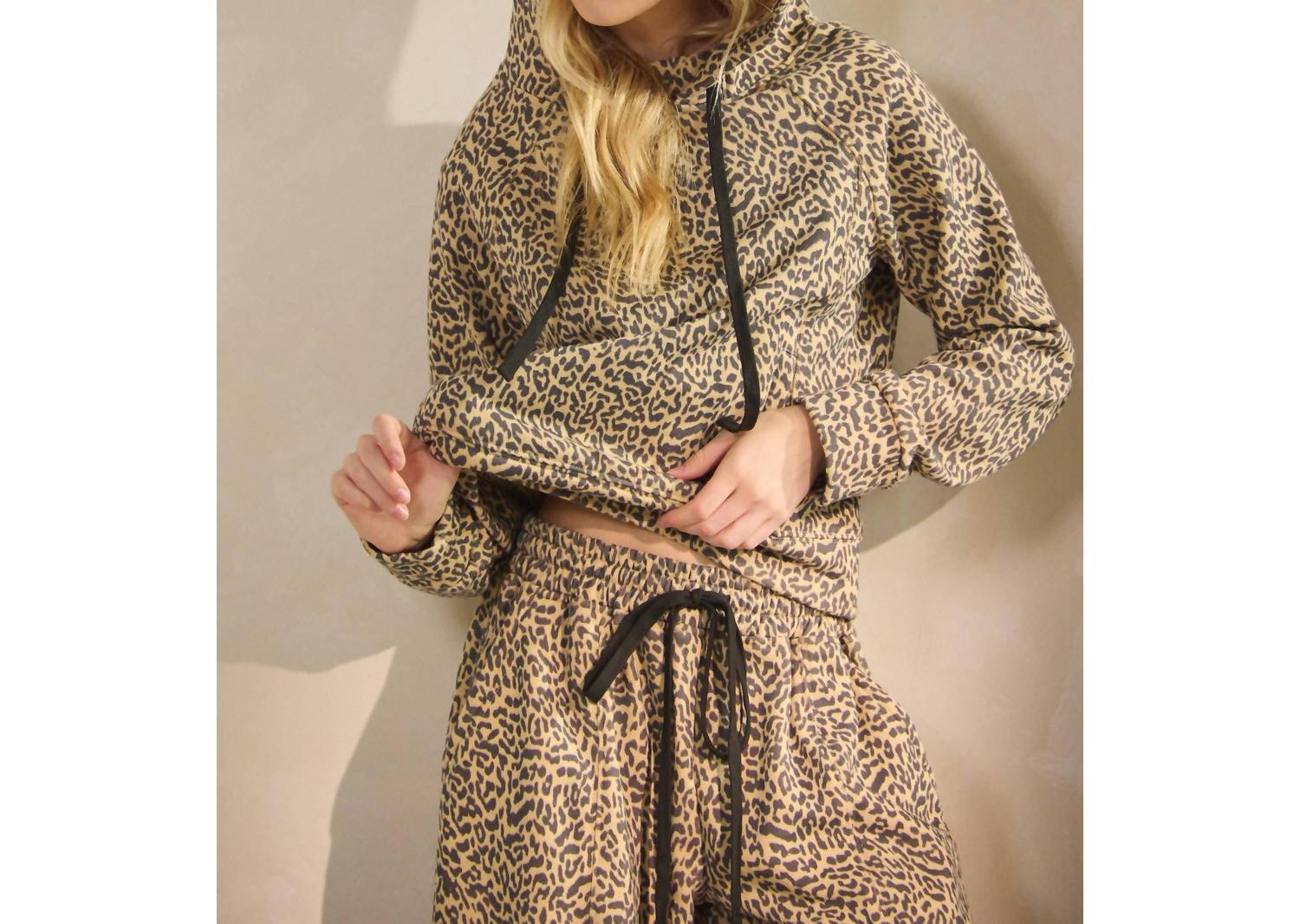 Veveret Leopard French Terry Hoodie in brown - women's top - detail view