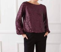 Karen Kane Blouson Sleeve Sequin Boatneck Top in eggplant 1 - women's blouse - view 4