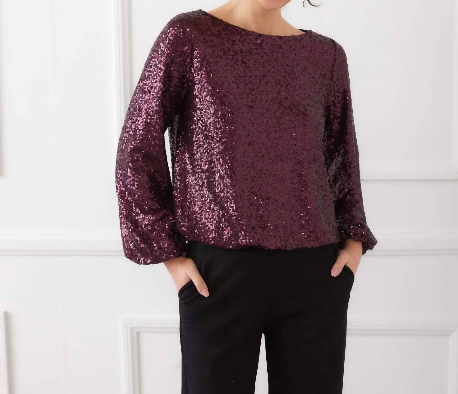 Karen Kane Blouson Sleeve Sequin Boatneck Top in eggplant 1 - women's blouse - view 4