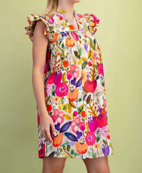 Gigio - Floral Print Ruffled Neck Mini Dress