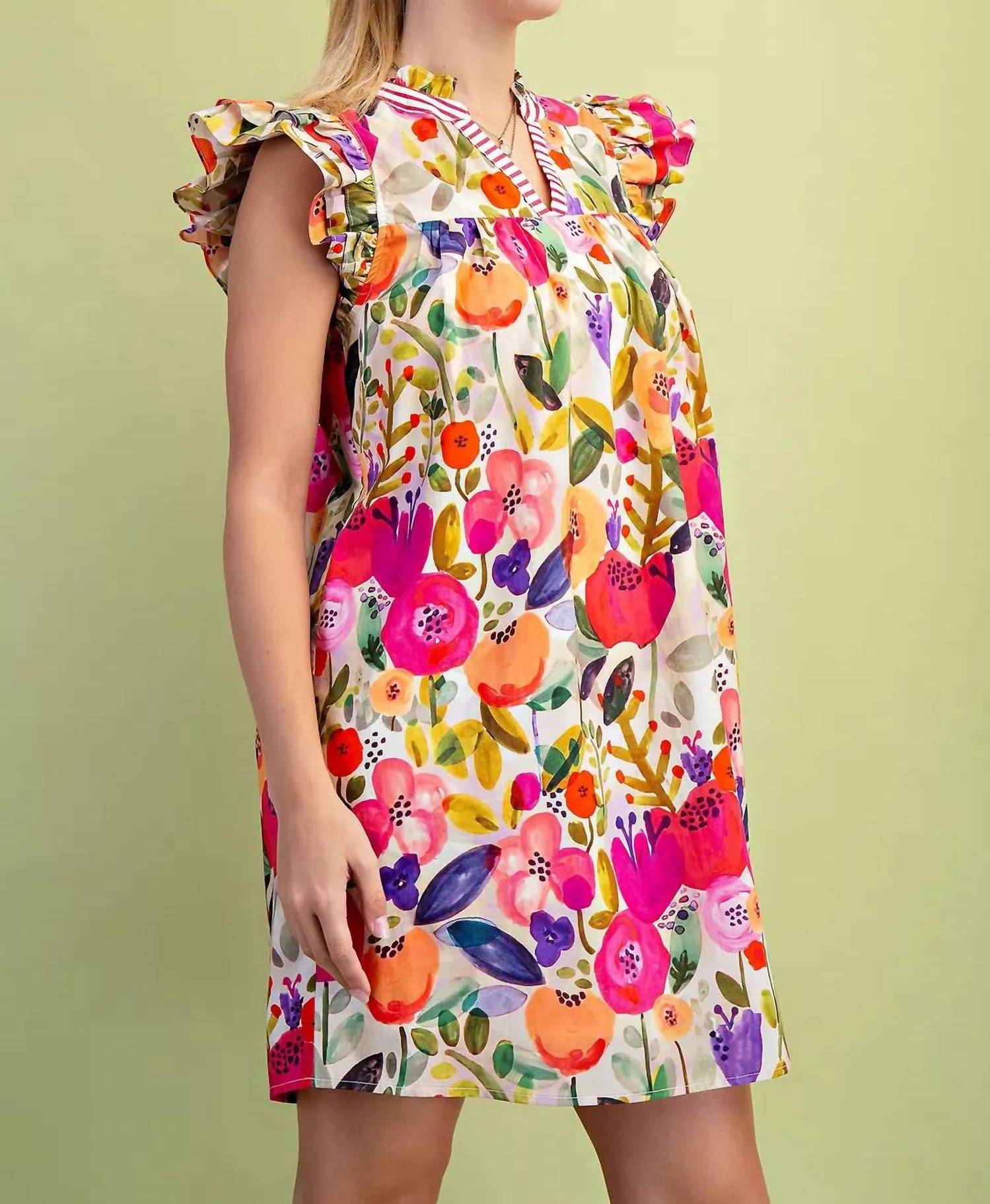 Gigio - Floral Print Ruffled Neck Mini Dress