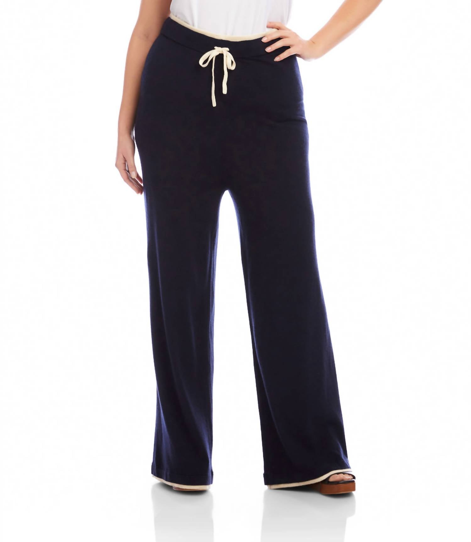 Karen Kane Contrast Drawstring Wide-leg Sweater Pants - Plus in navy with cream - women's pants