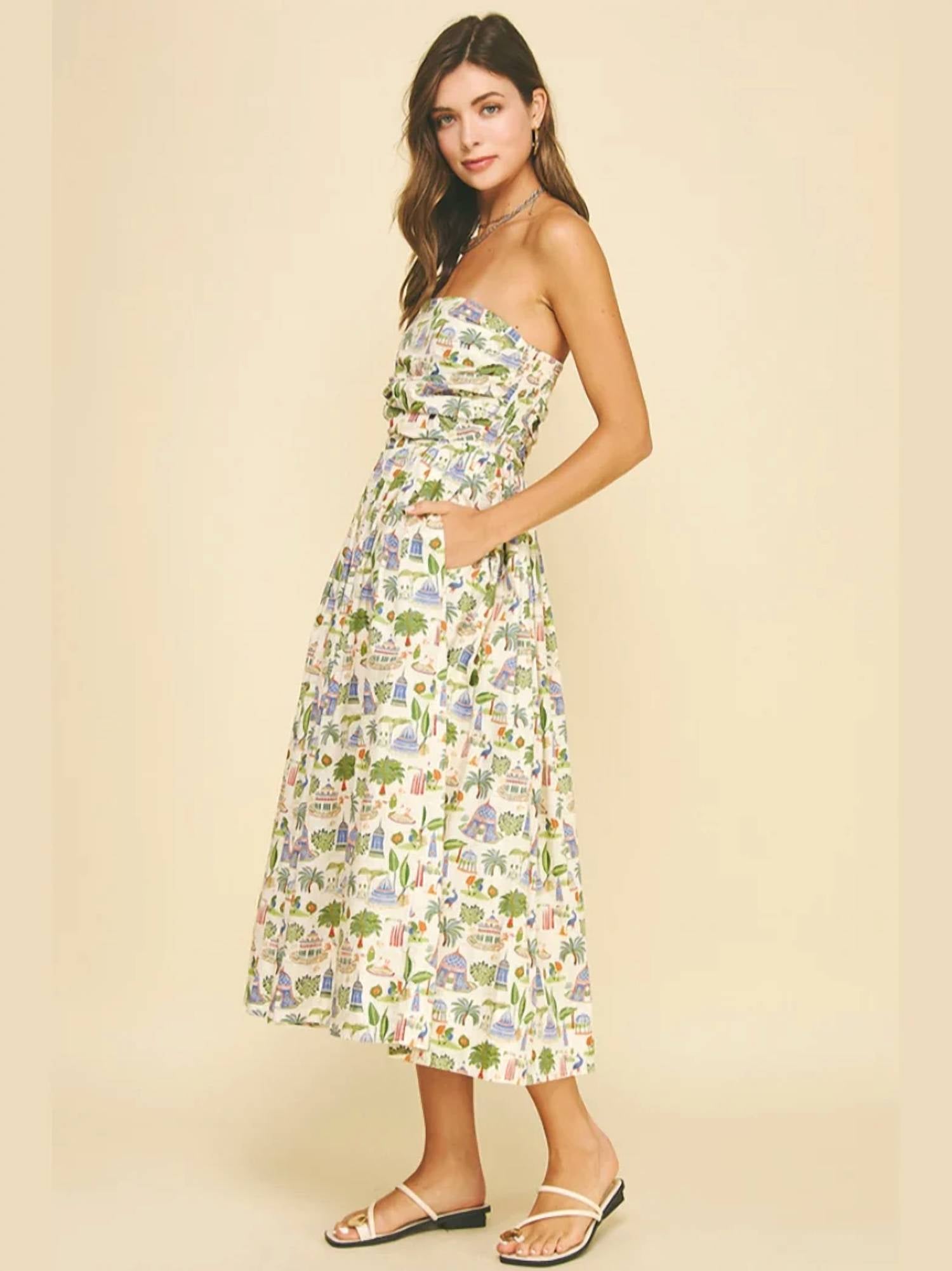 Pinch - Tropical Scenic Print Strapless Midi Dress