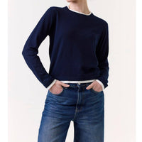 Wispr Double Contrast Trim Crewneck Jumper in navy - women's sweater - detail view
