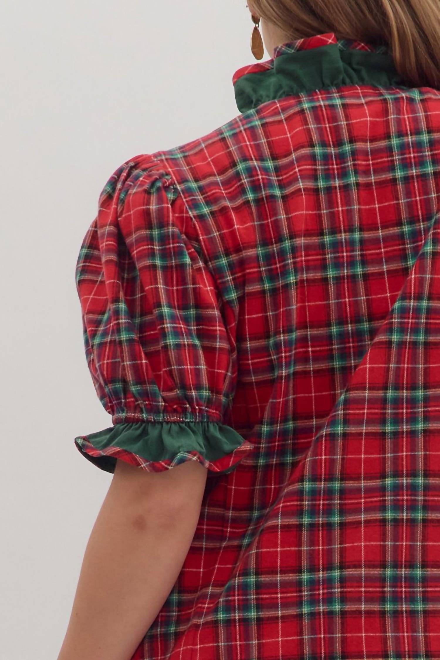 entro Plaid Puff Sleeve Top - Plus in red - women's blouse - view 7