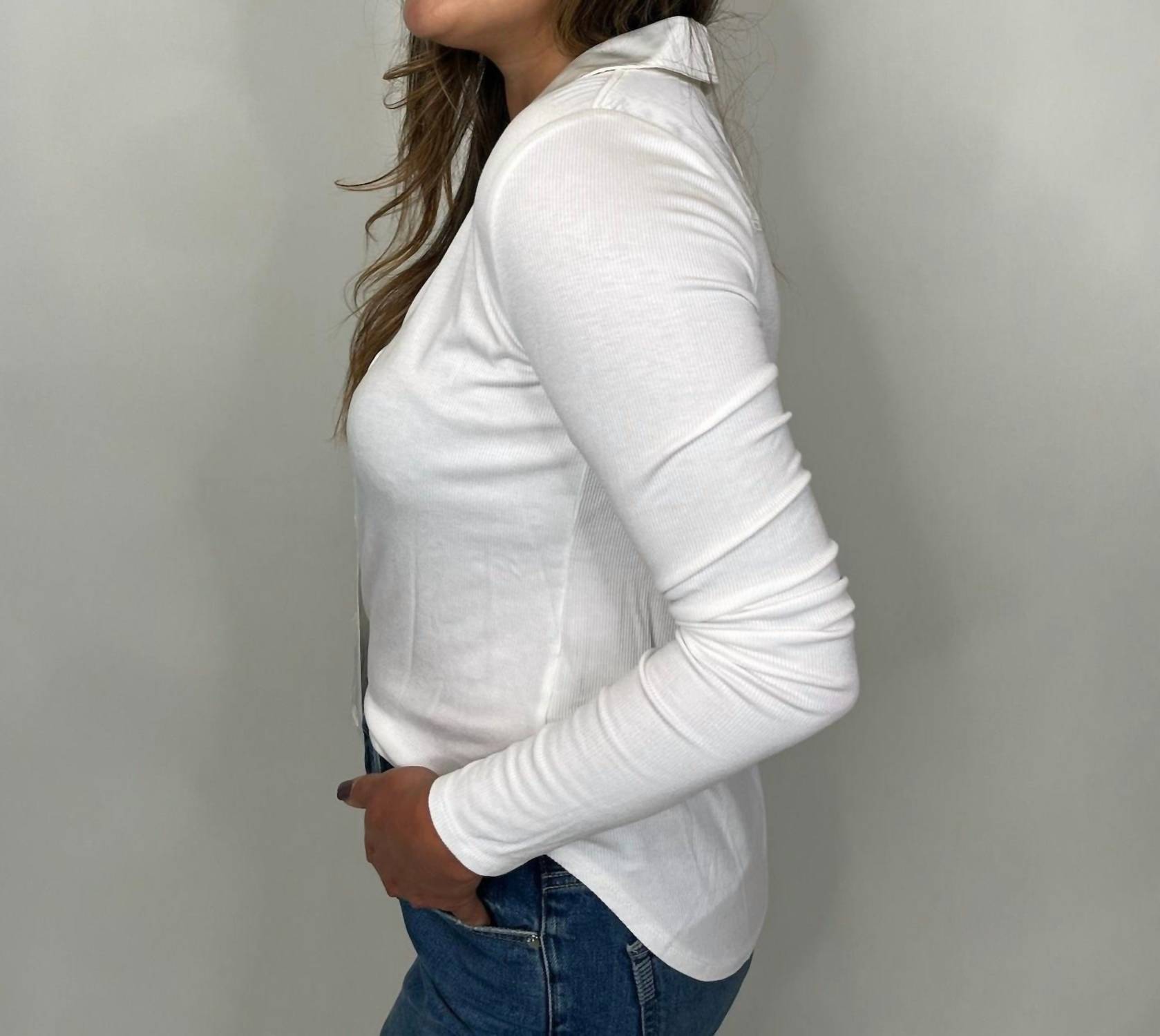 Bella Dahl Long Sleeve Rib Mix Shirt in winter white - women's shirt - alternate view