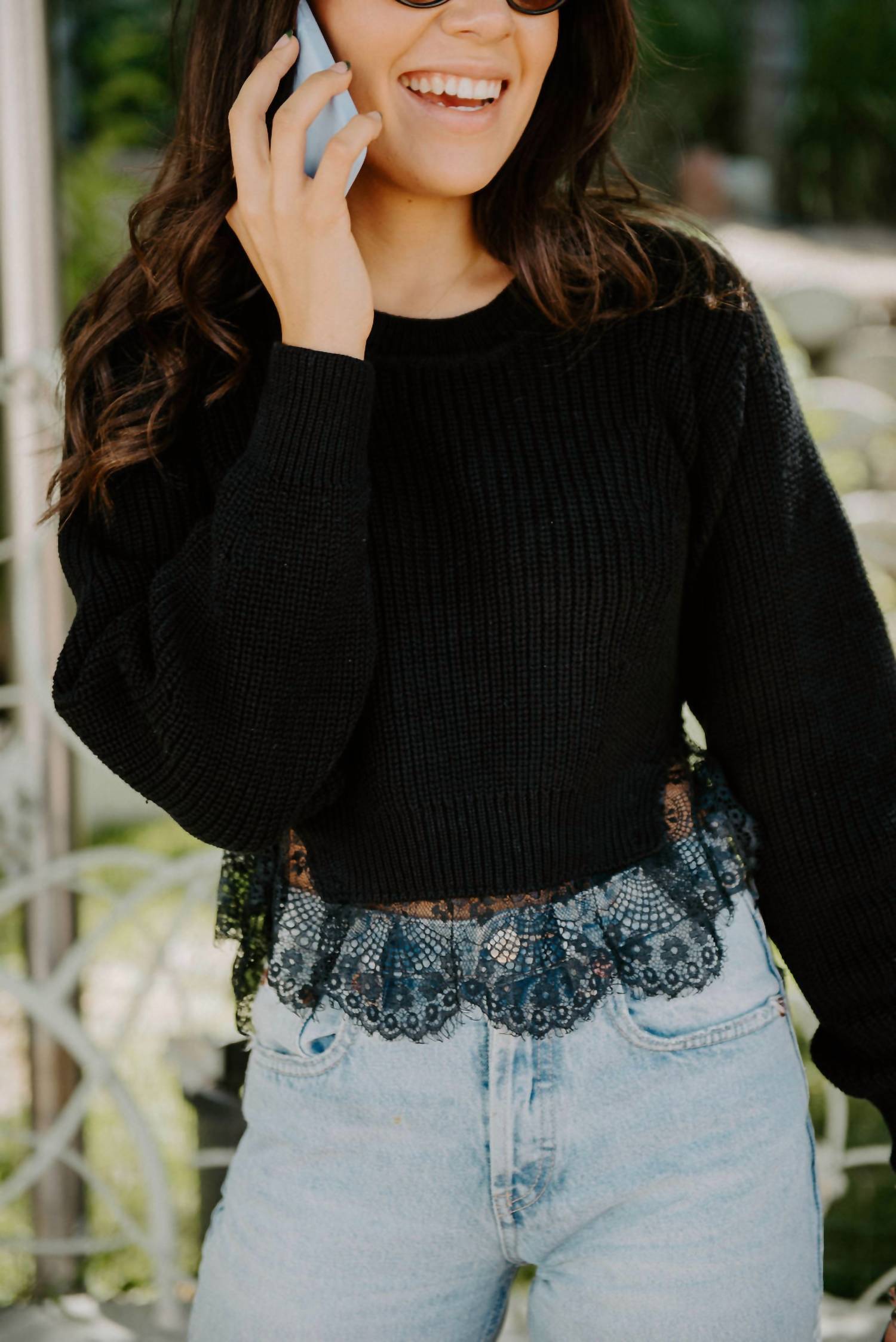MABLE Amazing Lace Hem Sweater in black - women's sweater