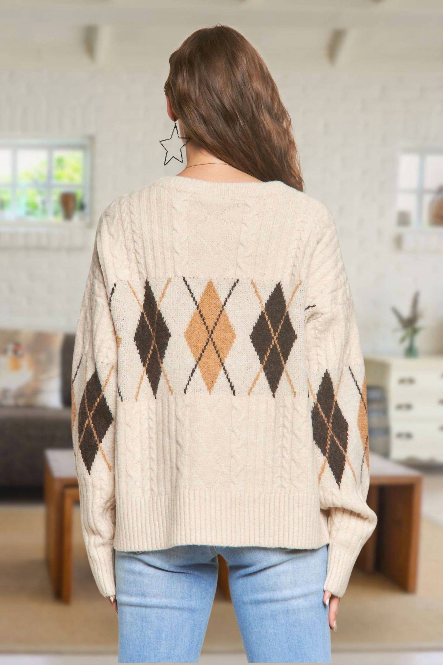 ADORA Diamond Pattern Cable Knit Sweater in oatmeal - women's sweater - detail view