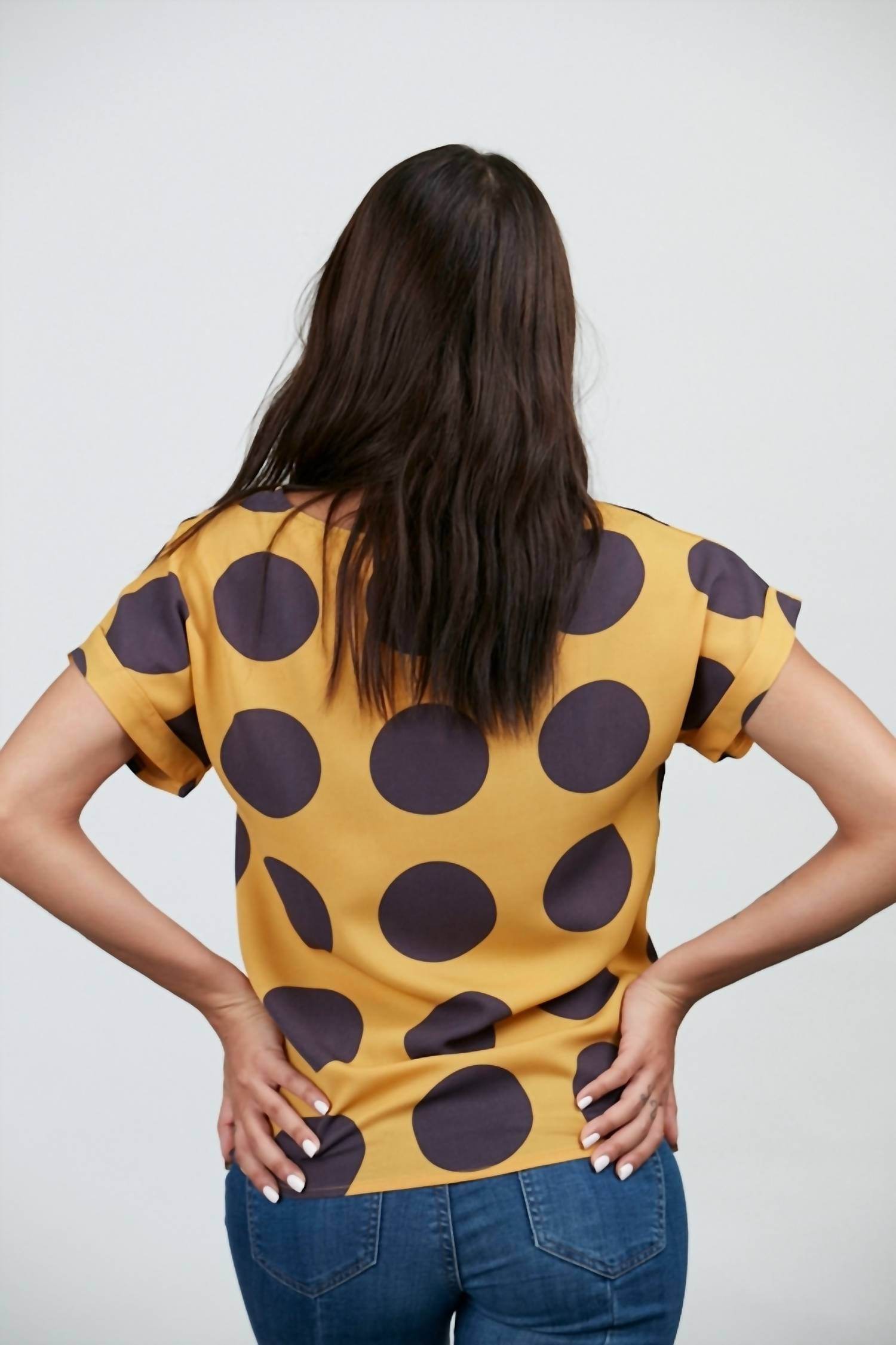 SM Wardrobe big polka dot print top in mustard - women's blouse - detail view