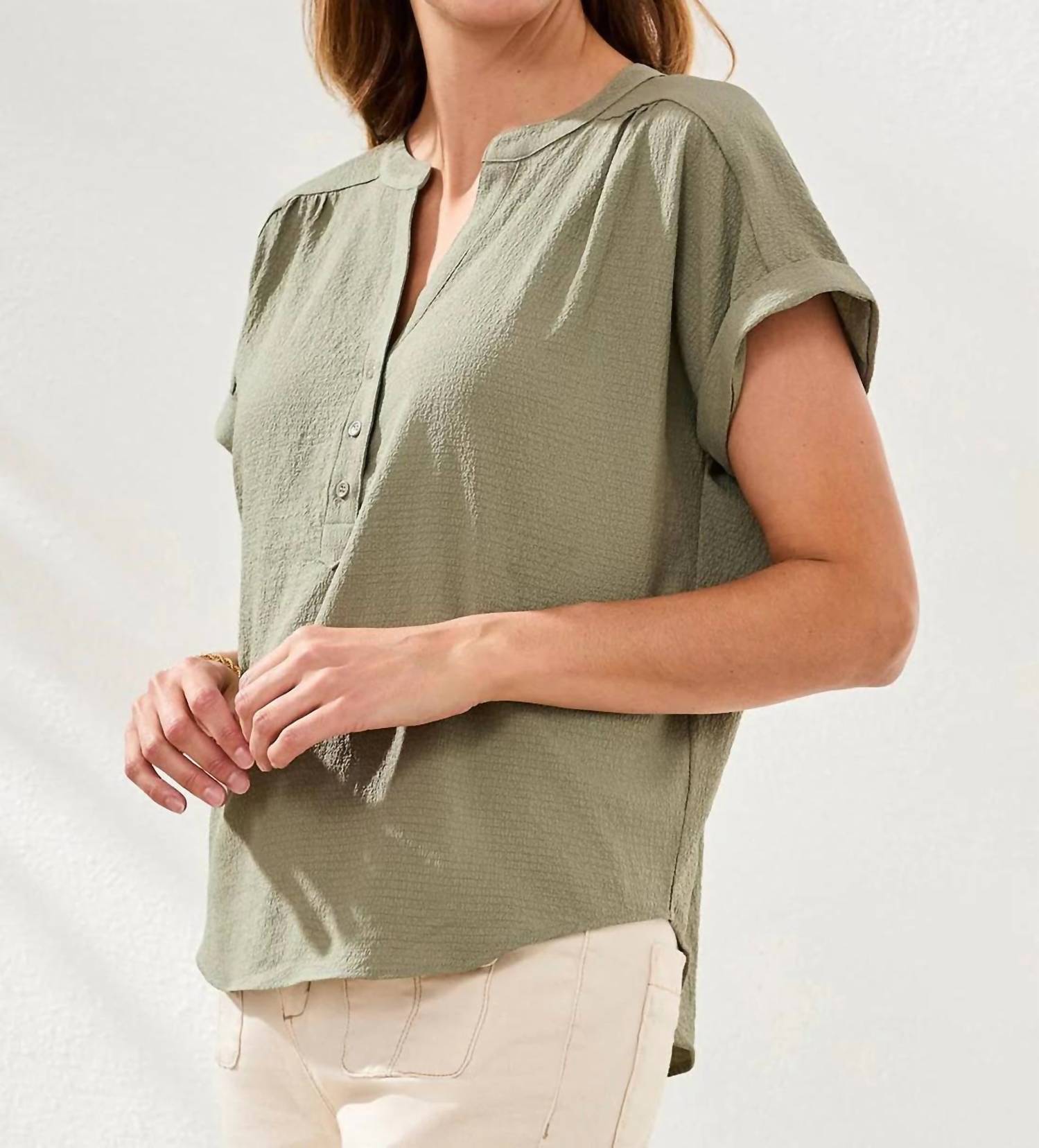 TRIBAL Button-front Extended Cap Sleeve Blouse in cactus clay - women's blouse - alternate view