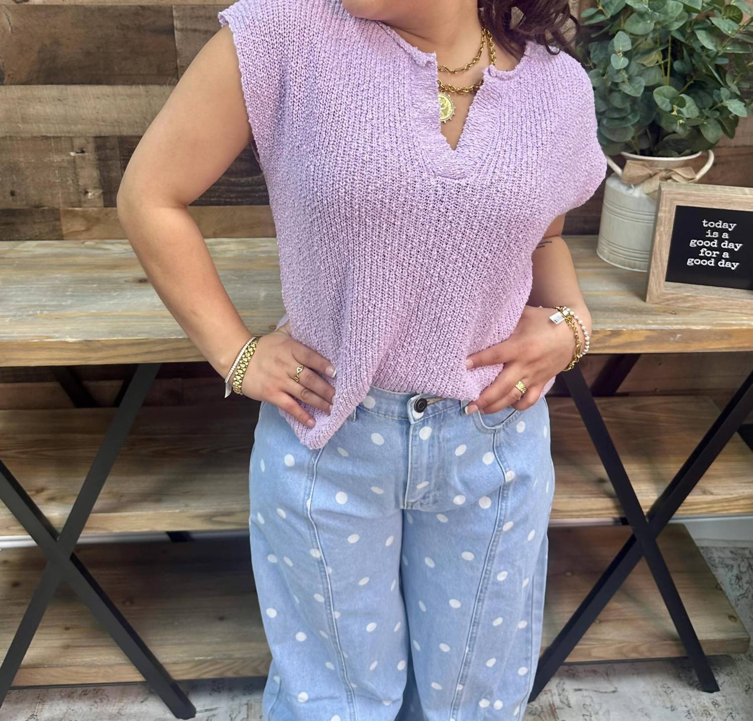 In February - Relaxed Slub Knit Split Neck Sweater Top