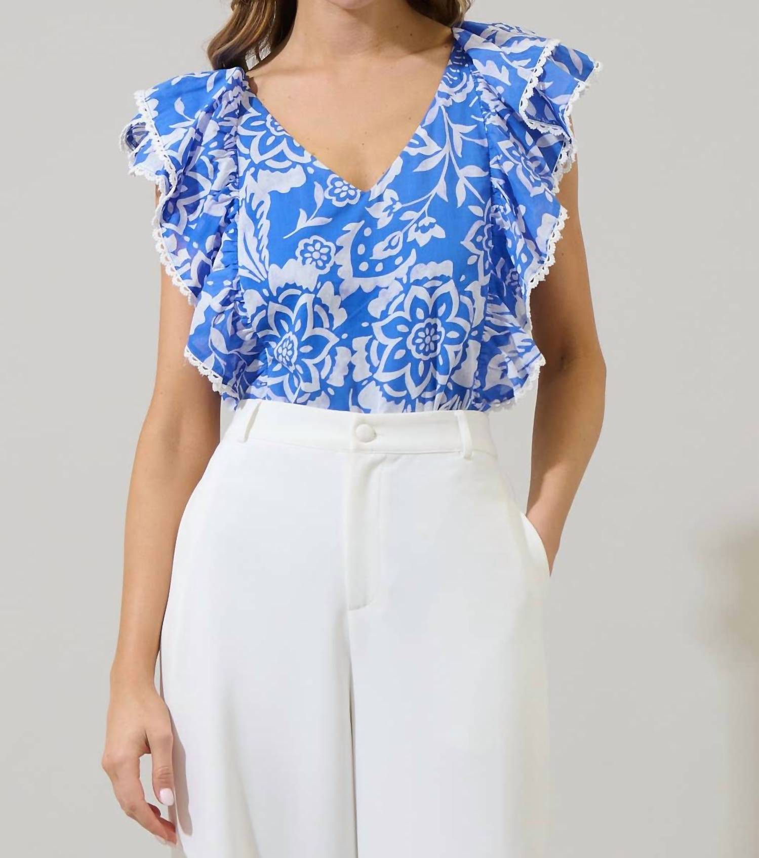 SUGARLIPS Women's Floral Ziva Ruffle Blouse in blue white - women's blouse