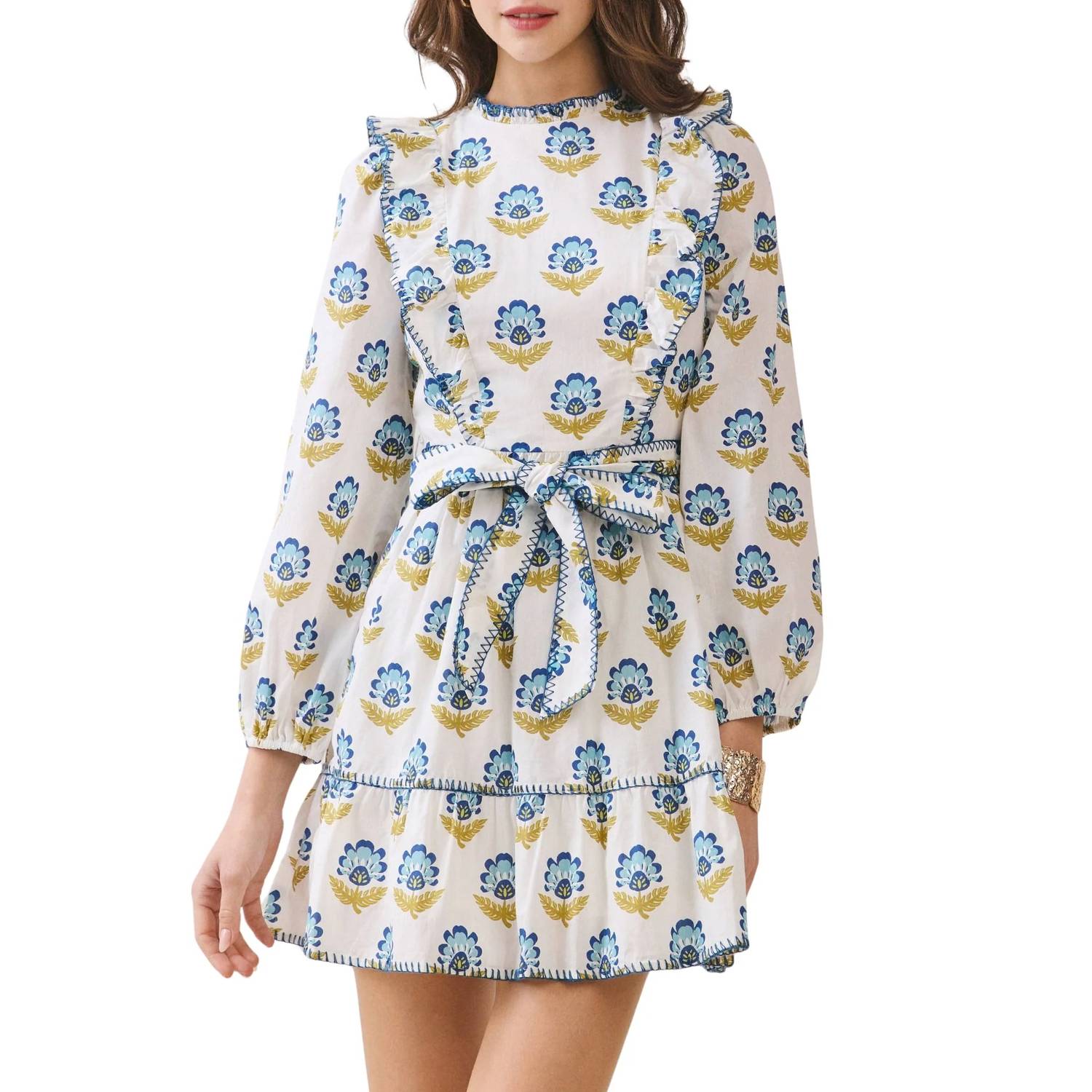 Tcec - Floral Print Ruffle Accents Self Tie Mini Dress