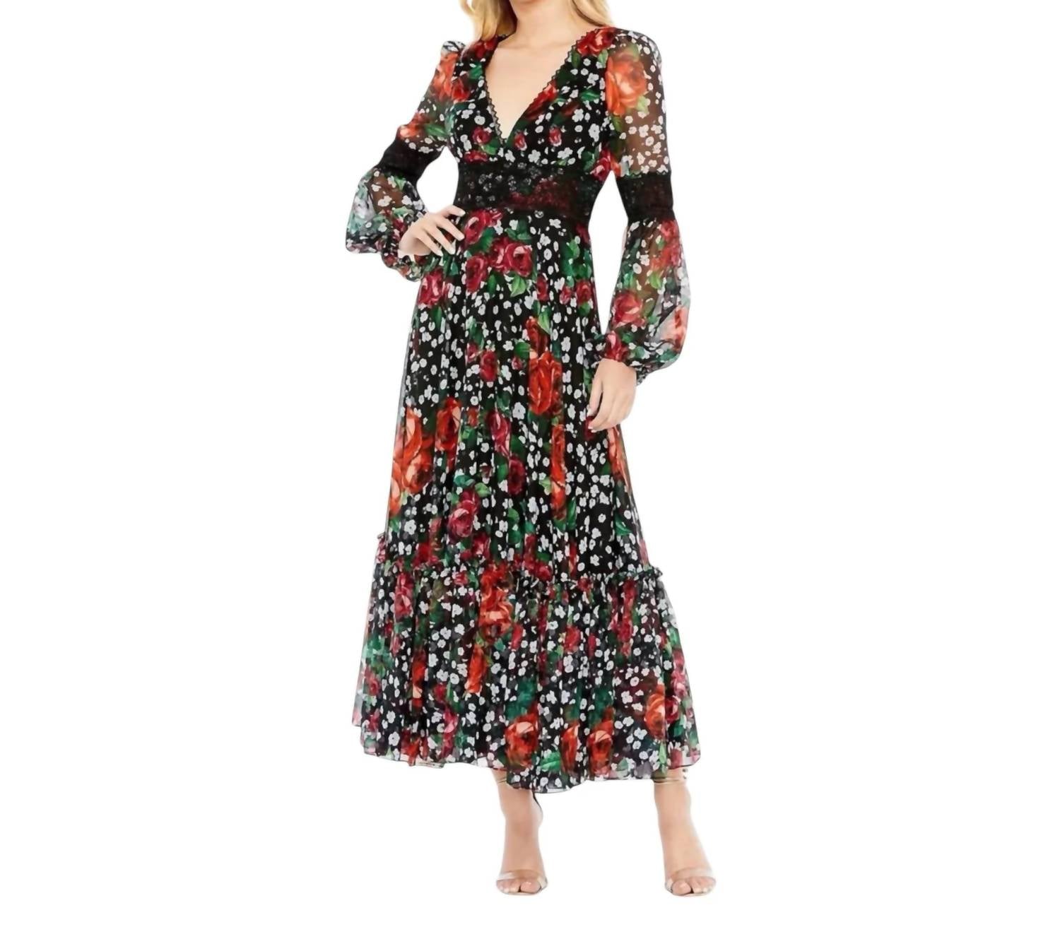 Mac Duggal - Floral Chiffon Lace Puff Sleeve Midi Dress