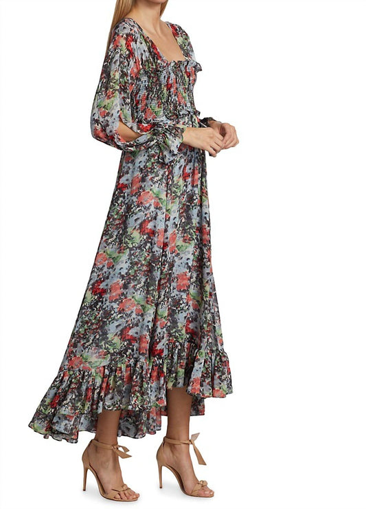 Leigh Floral Square Neck Long Sleeve Smocked Maxi Length Dress Multi